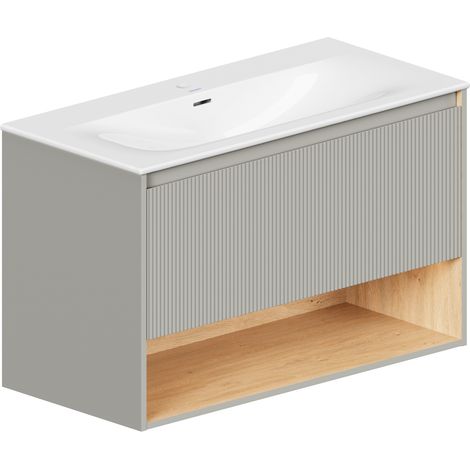 BERNSTEIN - Mobile lavabo sospeso MDF Grigio Seta opaco, lavabo DURAVIT Bianco lucido + foro rubinetto, troppopieno, piletta - 103x49x62cm - BELDIVO Grigio seta opaco (1/5)