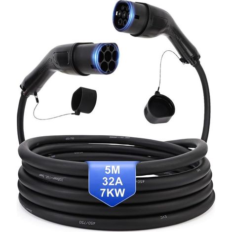 Type 2 Câble Recharge Voiture Electrique 32A 7KW Monophasé Mode 2 Cable Type 2 pour Type 2 vers Type 2 EV Chargeur Cable Compatible avec Tous Les modèles Type 2,IP54 (1/5)