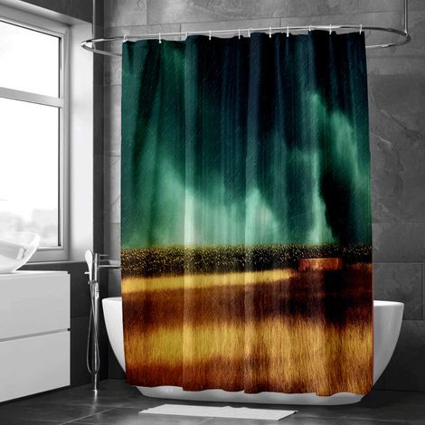 Rideau de douche motif prairie et rivière scintillante, rideau salle de bain imperméable, 180x180 cm (1/5)