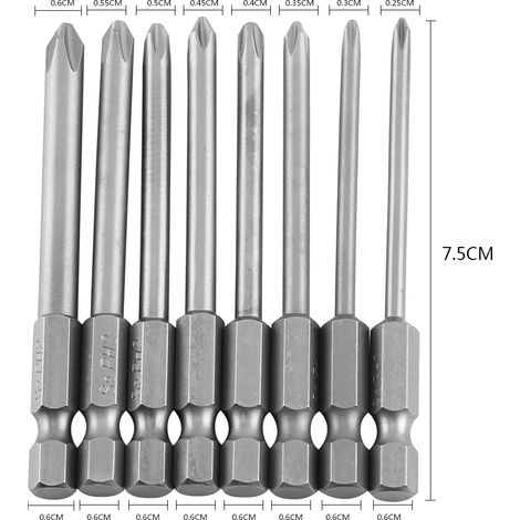 Jeu de 8 embouts cruciformes magnétiques longs 75mm, queue hexagonale 1/4 pouce, pour visseuse, lot de tournevis à tête croisée, accessoires de bricolage. (1/5)