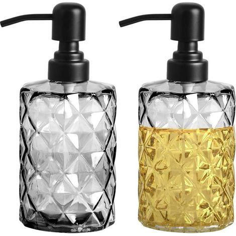 Set of 2 refillable 355ml glass soap dispensers with 304 stainless steel pumps, for bathroom.