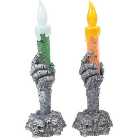 Bougies lumineuses électroniques vertes et colorées pour Halloween, motif crâne et fantôme, bougie décorative à LED en cire (2 pièces, verte et orange) (1/5)
