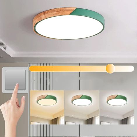 Plafonnier en bois, plafonnier rond moderne, 3000 K - 6500 K trois températures de couleur, vert, adapté au salon, au balcon, au couloir (1/5)