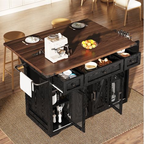 MEUBLIV Îlot de cuisine roulant noir avec plateau extensible et prise intégrée 120,2x45,3/75x91,5 cm (1/5)