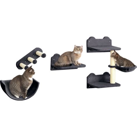 PawHut 4PCs Wall Mounted Cat Tree Cat Wall Shelves Climbing Shelf Scratch Post Dark Grey