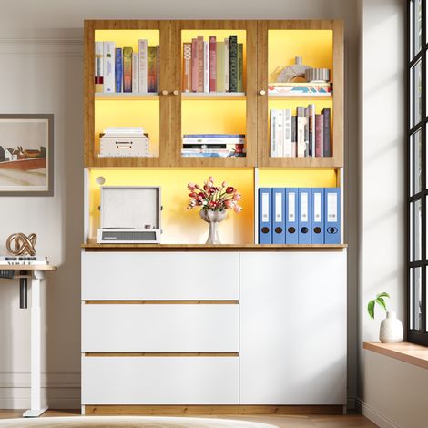 Vitrine / armoire haute avec éclairage LED 120 x 200 cm, plan de travail prolongé, meuble multifonction sur pied, blanc et chêne, vitrine en verre, armoire de cuisine et bibliothèque (1/5)