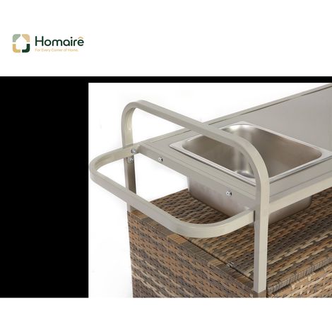 HOMAIRE Table de bar extérieure en rotin avec armoire, plateau en acier, seau à glace, roulettes verrouillables et panier latéral pour jardin, piscine et jardin