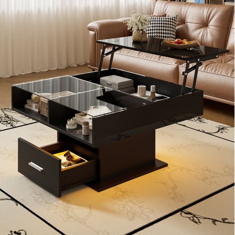 Mesa de centro de aglomerado negra brillo, elevable 78x78 cm con LED y espacio de almacenaje (1/5)