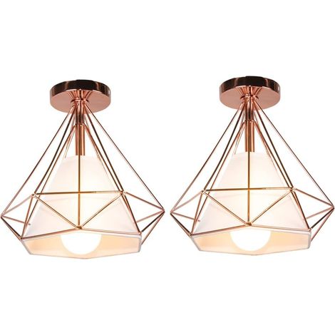 Deckenleuchte Industrielle Retro Deckenlampe aus Eisen Lampenschirm in Diamant Käfig E27 für Flur Küche Wohnzimmer Schlafzimmer (2x Roségold)