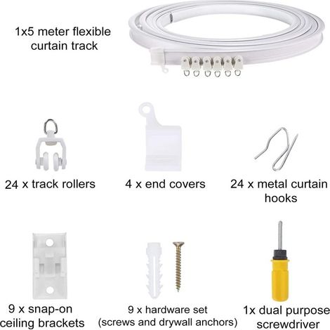 5 Meter langes gebogenes PVC-Kunststoffschienen- und Hakenset für Gardinen, inklusive Zubehör wie U-förmigen und L-förmigen flexiblen Schienen. (1/5)