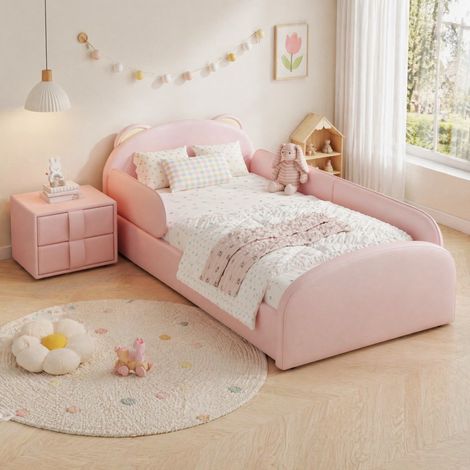Cama infantil 90x200 cm de PU rosa, cabecero de oso, con mesita, fácil de montar FloraGrace (1/5)