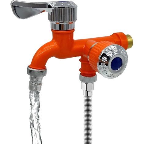 Robinet d'interface universel 1/5 Robinet de contrôle à double sortie, Robinet antigel deux en un pour usage extérieur, Mitigeur de lavabo - Orange (1/5)