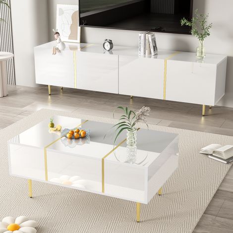 Ensemble meuble TV et table basse moderne blanc haute brillance, mobilier de salon (1/5)