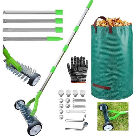 Scarificateur Manuel avec Roues,Verticuteur à Manche de 163 cm,Aérateur de Gazon avec Rouessac à déchets de Jardin,Grattoir de Jardin en Métal,Amovible, Verticuteur Réglable,Houe de Scarification (1/5)