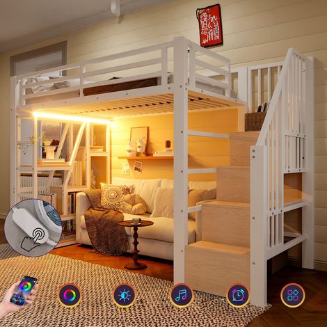 Lit mezzanine 90x200 cm avec échelle, LED, rangement sous lit et étagère intégrée, cadre en fer blanc, lit superposé – BATDTECH (1/5)