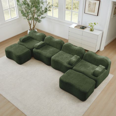 Canapé Modulable en U 4 Places avec 2 Poufs, Forme Coquillage, Canapé Sans Structure en Mousse Haute Densité 32D, Tissu Doux, Coussins d’Accoudoirs Mobiles, pour Salon et Appartement, Vert (1/5)