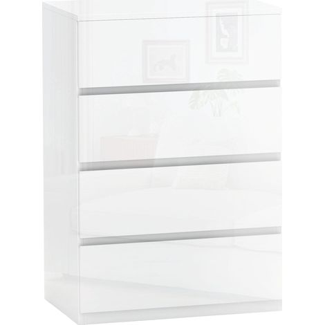Commode à 4 tiroirs, modèle anti-basculement, idéale pour le salon ou l'entrée, 55 x 33 x 80 cm, blanc brillant