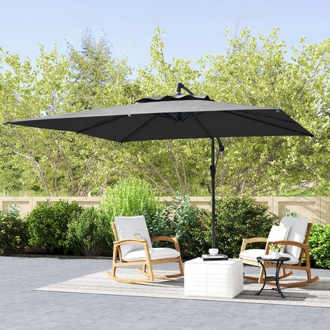 Sombrilla cuadrada voladiza de 3 x 3 m con manivela, base en cruz, reclinable con rotación de 360°, tejido gris oscuro de 180 g/m².