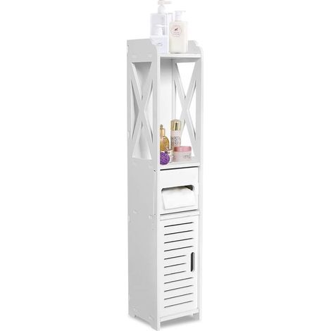 Meuble Colonne De Salle De Bain, Meuble Angle Tiroir Toilette Blanc, Armoire De Rangement Mince sur Pied avec Porte Et Rangement Papier Toilettes 80x15.5x15cm (1/5)
