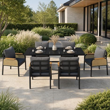 Set tavolo e 6 sedie da giardino, metallo e plastica effetto legno, nero e naturale DESVIAE (1/5)