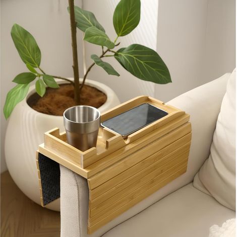 Bambus-Sofa-Armlehnentablett – 3-in-1 – Natur – Abnehmbarer Getränkehalter – Wohnzimmer und Büro – 11,4 bis 33 cm (1/5)