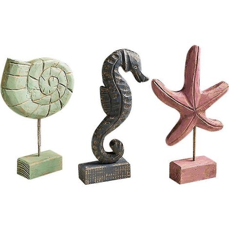 Figurines miniatures en bois sculpté représentant des étoiles de mer et des conques, de style méditerranéen, pour la décoration intérieure du salon (voir photo). (1/5)