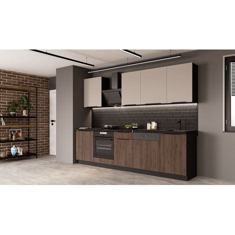 Küche MONZA + ARONA BASIC 280 cm Küchenzeile Küchenblock Einbauküche Nussbaum Okapi matt + Kaschmir beige matt (1/5)