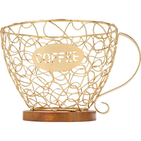 Organiseur de dosettes de café, panier de rangement de capsules en métal avec base en bois pour comptoir de cuisine doré (1/5)