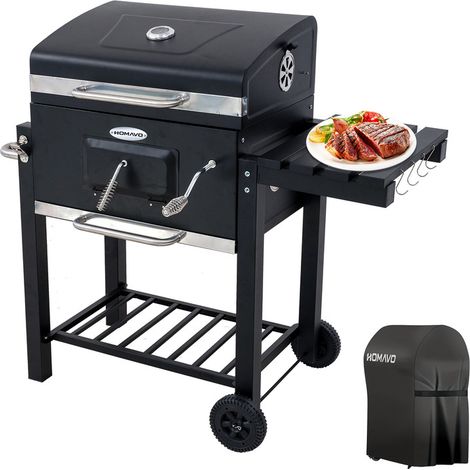 HOMAVO Barbecue Charbon de Bois, Surface de Cuisson: 56×42,5 cm, Bac à Charbon Réglable en Hauteur, Table Latérale Pliante, Thermomètre, Housse Barbecue Incluses