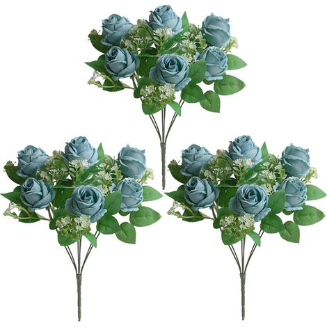 (Bleu, 7 têtes, 33 cm) Bouquet de 3 roses artificielles à 7 têtes pour décoration de mariage, fleurs artificielles pour la photographie, accessoires, fausses fleurs (3 tiges par sachet) (1/2)