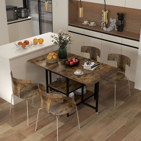 Mesa de comedor plegable 140x80x75 cm marrón en acero y aglomerado con almacenamiento y ruedas (1/5)