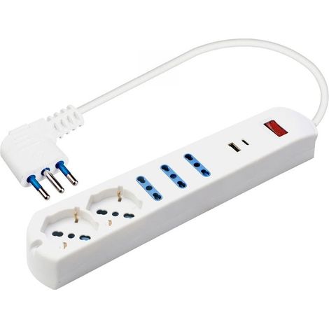 Multipresa 5 in 1, USB A + C + 3 Prese per Schuko / Bipasso / EU 1.5m