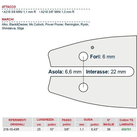 Kettensägeschiene Länge 25 cm für Kette 39 Glieder 450701
