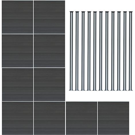 Kit Clôture 10 Panneaux Composite Plastique Gris 11 Lames à Emboîter 185 cm H x 1737cm L & 9 Poteaux en Aluminium à LED Solaires Texture de Bois Reversible PVC Brise-Vue Extérieur Jardin Mur d'Intimit