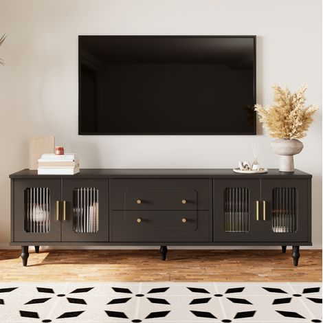 TV-Lowboard 177x38x55.5 cm Schwarz aus Holzwerkstoff mit geriffelten Glastüren, Schubladen und Metallfüßen (1/5)