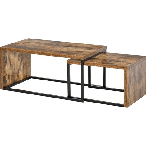 Zweiteiliges Set stapelbarer Beistelltische im Industrial-Design, Maße: Großer Tisch 90 x 48 x 42 cm (L x B x H), schwarzes Metall mit Antikholz-Finish