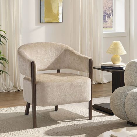Poltrona da Camera Rivestita in Ciniglia con Struttura e Gambe in Legno Massello, Beige (1/5)