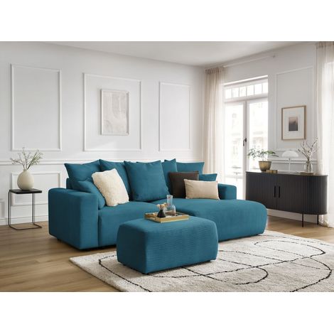 BOBOCHIC - Canapé d'angle convertible coffre ATILLA velours côtelé avec pouf Angle droit Bleu clair (1/5)
