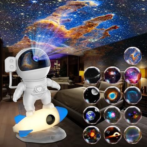 Projecteur Astronaute Fusee pour Chambre Enfant, Lampe Projection Etoiles avec 12 Films Galaxie USB, Veilleuse Reglable (1/5)