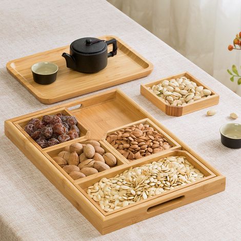 Plateau de service multifonction en bambou pour fruits et desserts, idéal pour la maison. (1/5)