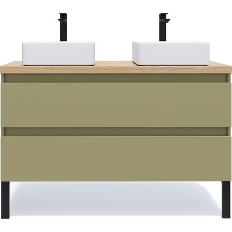 Meuble de salle de bain suspendu 2 vasques à poser 120cm 2 tiroirs Vert olive - Hudson (1/5)