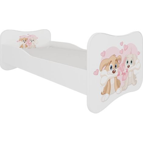 Lit enfant bois blanc imprimé chiens amoureux 70x140 ou 80x160 - Sommier et matelas inclus - Ondula-80x160 (1/5)