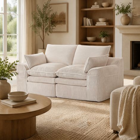 Divano 2 posti modulare in corduroy beige, con cuscini e tasche laterali, 191 cm (1/5)