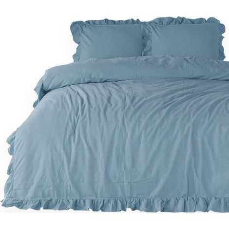 Bettwäsche-Set 220x200 100% gekräuselte Baumwolle mit Rüschen blau (1/4)