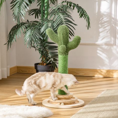 Arbre à chat cactus en pin et sisal - griffoir avec balle en bois - hauteur 60 cm - jouet interactif pour chats - couleur vert et naturel