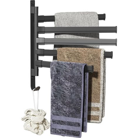 Porte-serviettes mural, porte-serviettes avec 5 barres pivotantes à 180°, porte-serviettes autocollant, pour salle de bain et cuisine, noir (1/5)