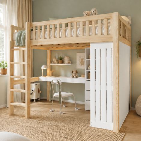Hochbett 140/200 cm aus Kiefer in Natur mit Schreibtisch, Kleiderschrank und 3 Schubladen (1/5)