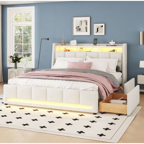 letto matrimoniale contenitore LED USB beige OKMYHOME