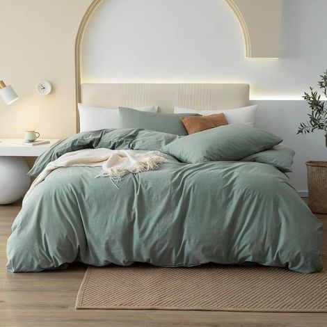 Parure de lit en coton vert sauge 200x200 cm 3 pièces en coton respirant doux fin ensemble de literie avec housse de couette réversible, housse de couette 200x200 cm et taie d'oreiller 80x80 cm (1/5)