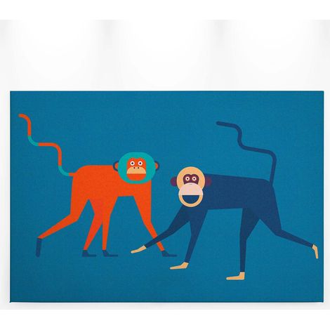 Tableau chambre bébé bleu avec des singes | Tableau chambre enfant animaux orange & bleu | Tableau sur toile coloré pour couloir - 0,9 x 0,6 m (1/5)